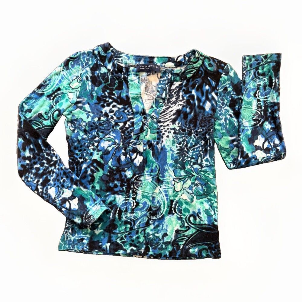 Jones New York Signature Women’s Small Floral V-Neck Long Sleeve Pullover Shirt